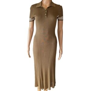 Rag & Bone Olive Green Ribbed Knit Polo Midi Dress Side Stripe Size S P